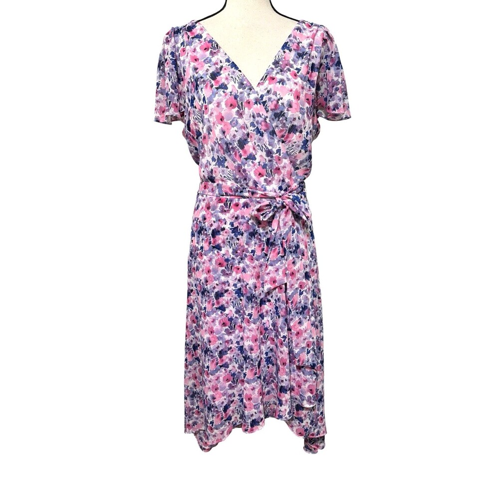 DKNY Faux-Wrap Purple & Pink Floral Midi Dress Sz 16 Belted Flutter Sleeve